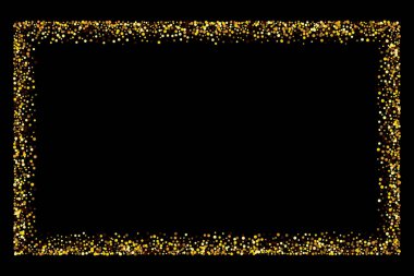 Siyah üzerine izole edilmiş altın çerçeve parıltı dokusu. Kazananların altın rengi. Yaldızlı soyut parçacıklar. Konfeti patlaması parlıyor. Kutlama geçmişi. Vektör illüstrasyonu