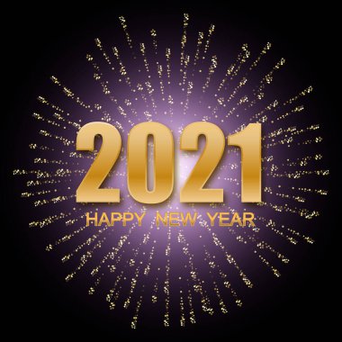 Soyut koyu arkaplan, leylak rengi havai fişek patlaması, 2021 yılının şenlikli kartpostal tasarımı. Tasarım ögesi