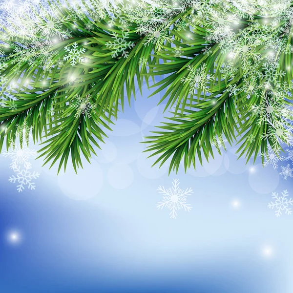 Vector mooie kerst blauwe achtergrond concept ontwerp van witte sneeuwvlok en groene spar tak met kopieerruimte — Stockvector
