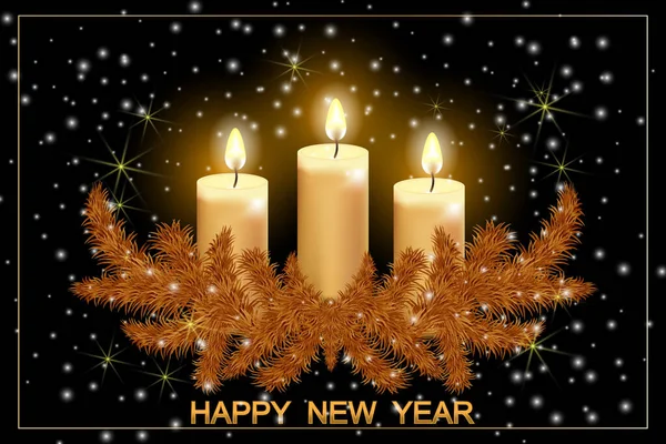 Natale sfondo scuro con candele ardenti e rami d'oro di un albero di Natale. — Vettoriale Stock