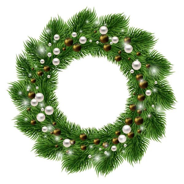 새해와 크리스마스 화환. 전통적 인 겨울 정원에는 하얀 배경에 고립 된 크리스마스 나무 가지에 눈송이, 황금색과 은색의 바우 블이 있다. 디자인 장식. Vector — 스톡 벡터