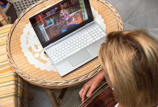 Blonde Woman Learning Play Guitar Online Video Class Home Using — Stock Photo, Image