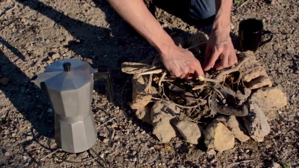 Young Man Hiking Boots Lighting Bonfire Mountain Make Coffee Resting — Stock Video