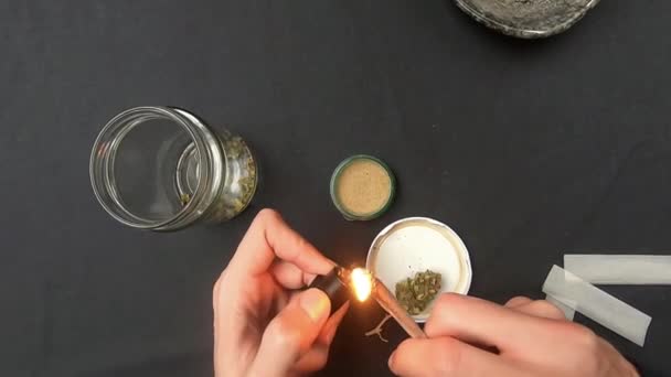 First Person View Man Lighting Smoking Joint Marijuana Marijuana Buds — Stock Video