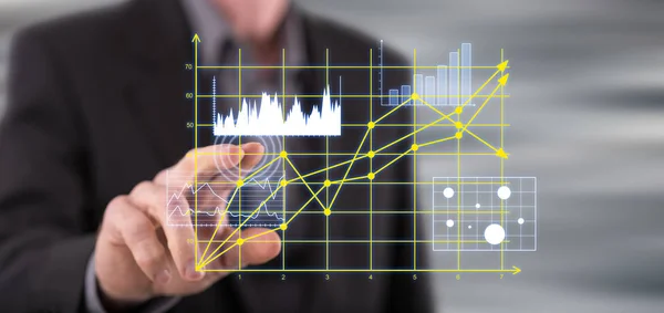 Homem Tocando Gráficos Negócios Uma Tela Sensível Toque Com Dedo — Fotografia de Stock