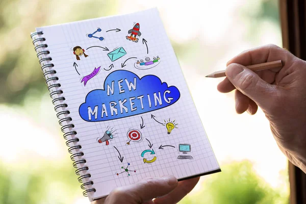 Dibujar Mano Nuevo Concepto Marketing Bloc Notas — Foto de Stock
