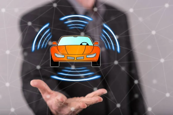 Smart Car Konzept Über Der Hand Eines Mannes Hintergrund — Stockfoto