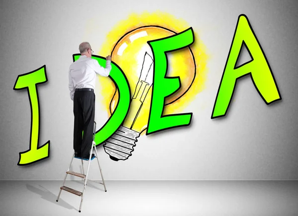 Man Een Ladder Idee Concept Tekening Een Muur — Stockfoto