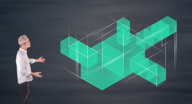 Blockchain teknoloji kavramı bir duvar ekranda gösterilen işadamı