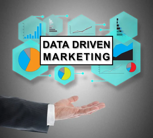 Data driven marketing concept levitating above a hand on grey background