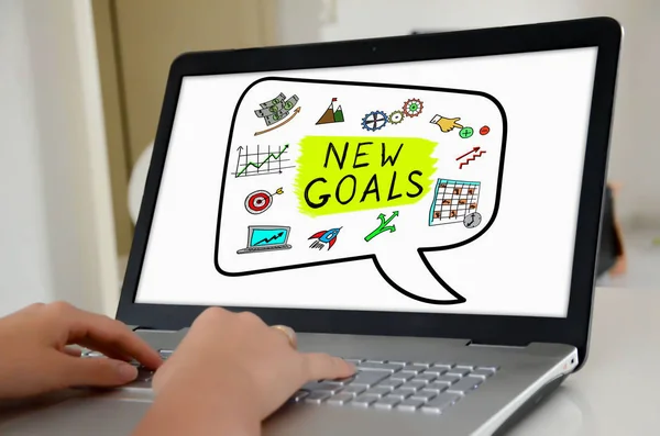 Hands Laptop Screen Showing New Goals Concept — Stock Photo, Image