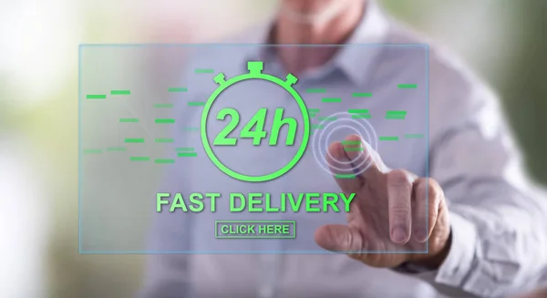 Man Touching Fast Delivery Concept Touch Screen His Finger — Stock Photo, Image