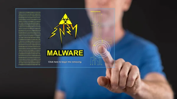 Homme Touchant Concept Malware Sur Écran Tactile Avec Son Doigt — Photo