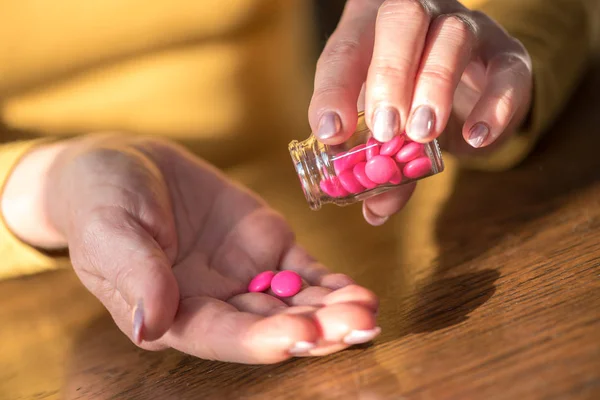 Close Female Hands Taking Medication Hard Light — Stock Photo, Image