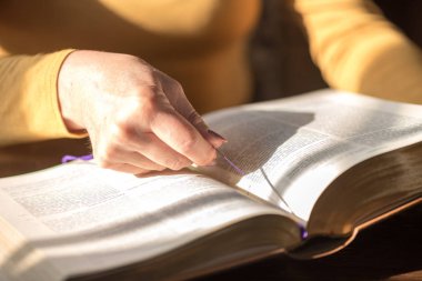 Kadın okuma İncil, sert ışık yakın çekim