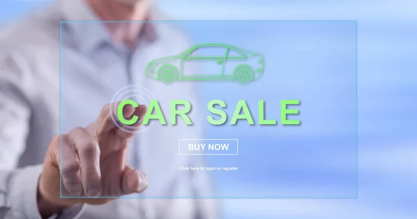 Człowiek Dotykając Pojęciem Sprzedaży Samochodów Ekranie Dotykowym Palcem — Zdjęcie stockowe