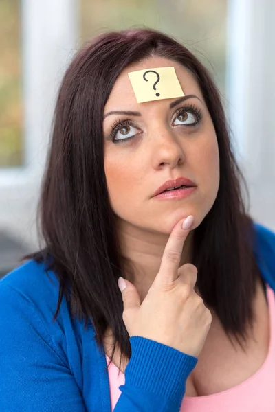 Thinking Young Woman Question Mark Her Forehead — Stock Photo, Image