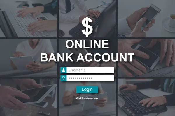Online bank account concept illustrated by pictures on background