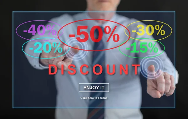 Man Touching Discount Concept Touch Screen His Fingers — Stock Photo, Image