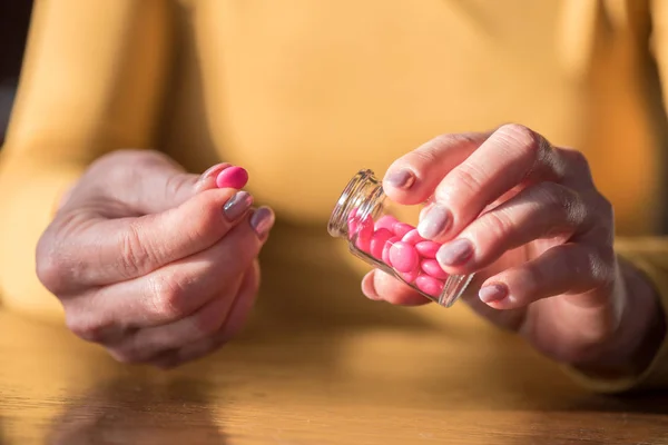 Close Female Hands Taking Medication Hard Light — Stock Photo, Image