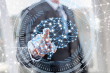 Adam dokunmatik ekranda parmaklarıyla bir zeka kavramına dokunuyor.