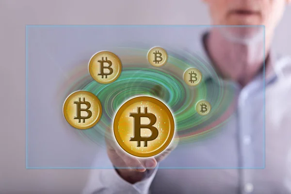 Muž Dotýká Bitcoin Měny Koncept Dotykovém Displeji Prstem — Stock fotografie