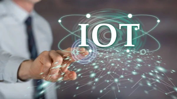 Hombre Tocando Concepto Iot Una Pantalla Táctil Con Dedo — Foto de Stock