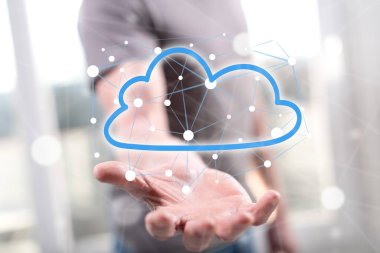 Bulut ağı kavramı arka plandaki adamın elinin üstünde.