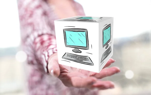 背景の女性の手の上のコンピューターの概念 — ストック写真