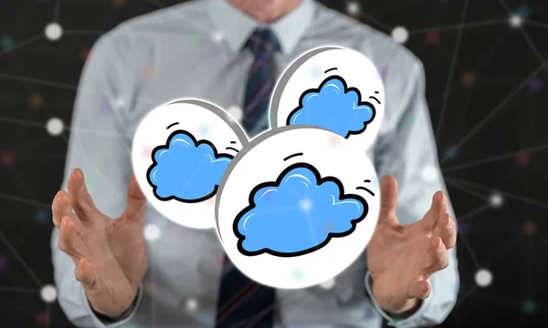 Cloud Netzwerkkonzept Zwischen Den Händen Eines Mannes Hintergrund — Stockfoto
