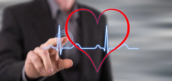 Man Touching Heart Beats Graph Touch Screen His Finger — Stock Photo, Image