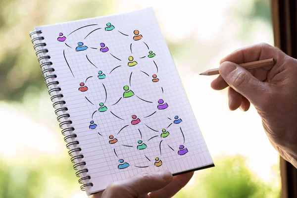 ノートパッドにソーシャルネットワークの概念を描く手 — ストック写真