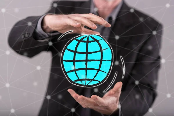 Global Business Concept Tussen Handen Van Een Man Achtergrond — Stockfoto