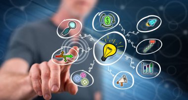 Adam bir iş fikir kavramı onun parmak dokunmatik ekranlı cep bilgisayarlarda dokunmadan