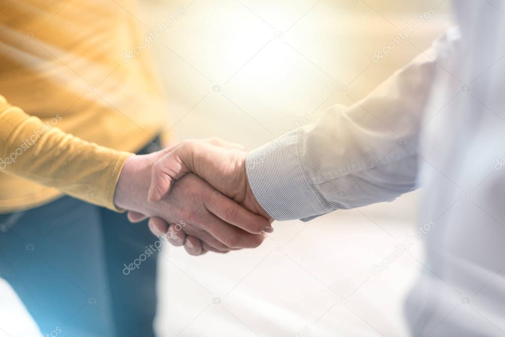 Businesswoman and businessman shaking hands in office, light effect