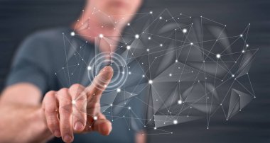 Onun parmak dokunmatik ekranlı cep bilgisayarlarda sanal ağ dokunmadan adam