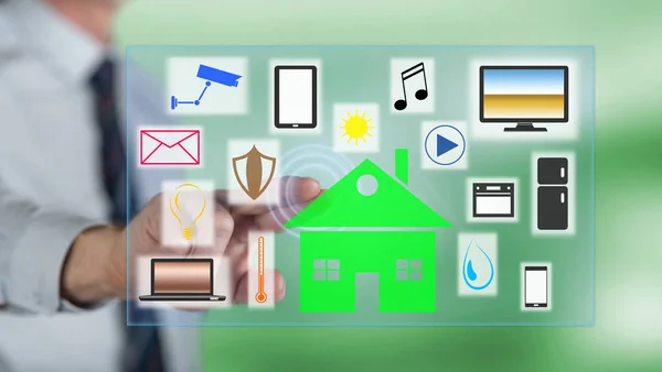 Mann Berührt Smart Home Konzept Mit Dem Finger Auf Touchscreen — Stockfoto