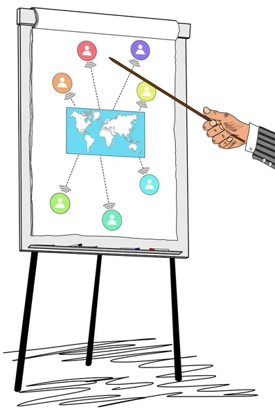 Hand Zeigt Globales Verbindungskonzept Auf Einem Flipchart — Stockfoto