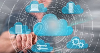 Adam dokunmatik ekranda bulut hesaplama konseptine parmağıyla dokunuyor.