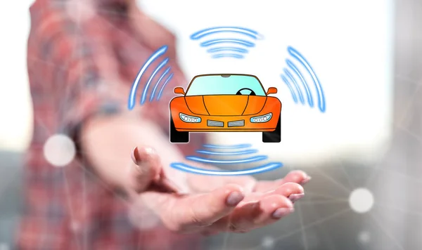 Smart Car Konzept Über Der Hand Einer Frau Hintergrund — Stockfoto