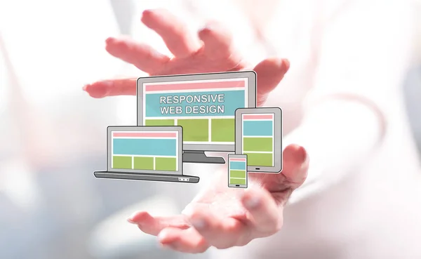 Responsive web design concept between hands of a woman in background