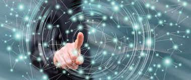 Onun parmak dokunmatik ekranlı cep bilgisayarlarda sanal ağ dokunmadan adam