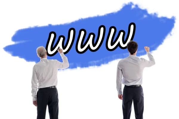Двоє Чоловіків Пишуть Слово Www Стіні — стокове фото