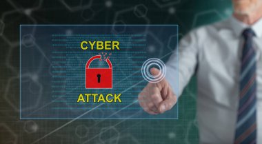 Adam bir siber saldırı kavramı onun parmak dokunmatik ekranlı cep bilgisayarlarda dokunmadan