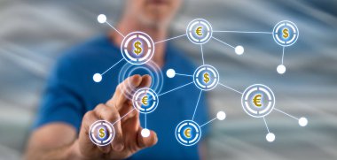 Finansal ağ parmağıyla bir dokunmatik ekran üzerinde dokunmadan adam