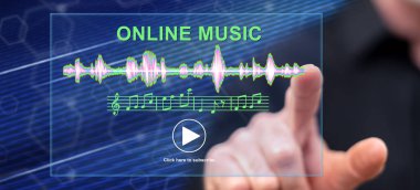Adam bir online müzik kavramı onun parmak dokunmatik ekranlı cep bilgisayarlarda dokunmadan