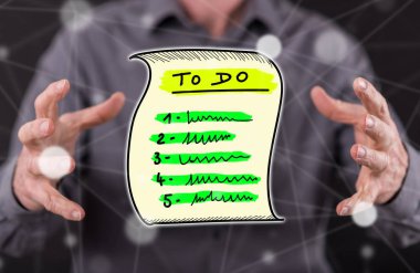 Arka plandaki bir adamın elleri arasındaki liste konseptini yapmak için