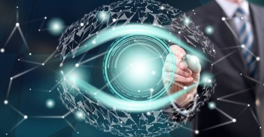 Stylus kalemi ile bir dokunmatik ekran üzerinde bir dijital göz kavram dokunmadan adam