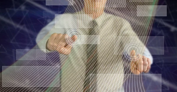 Homem Tocando Conceito Tecnologia Virtual Uma Tela Sensível Toque Com — Fotografia de Stock