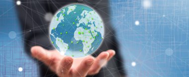 Küresel ağ kavramı içinde geçmiş bir adamın elini yukarıda